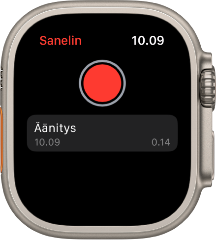 Apple Watch, jossa näkyy Sanelin-näyttö. Tallenna-painike on ylhäällä. Tallennettu sanelu näkyy alapuolella. Sanelussa näkyy sen tallennusaika ja pituus.