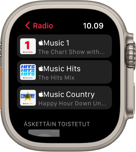 Radio-näyttö, jossa näkyy kolme Apple Music -asemaa.