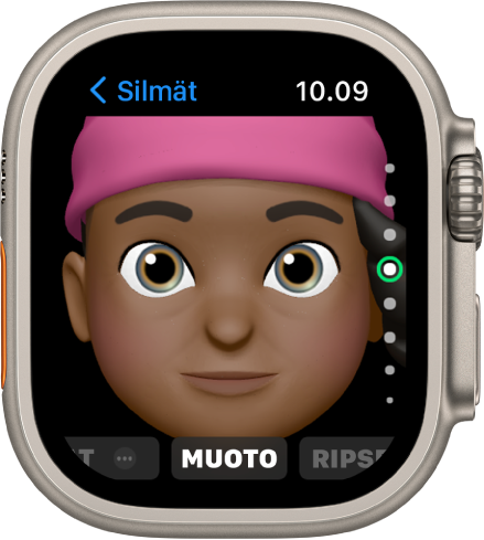 Apple Watchin Memoji-appi, jossa näkyy nenän muokkausnäyttö. Lähikuva kasvoista on keskittynyt nenään. Alhaalla näkyy sana Muoto.