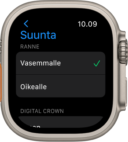 Suunta-näyttö Apple Watchissa. Voit asettaa rannetta ja Digital Crownia koskevat asetukset.