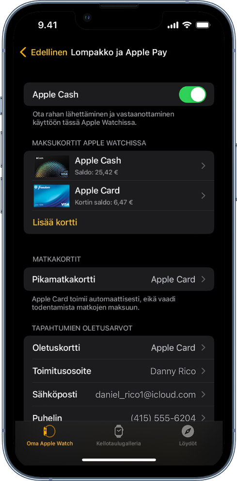 Lompakko ja Apple Pay -näyttö iPhonen Apple Watch ‑apissa. Näytöllä näkyy Apple Watchiin lisättyjä kortteja, kortti, jonka olet valinnut käytettäväksi Express-korttina, ja maksun oletusasetukset.