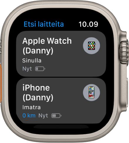 Etsi laitteita -apissa näkyy kaksi laitetta: Apple Watch ja iPhone.