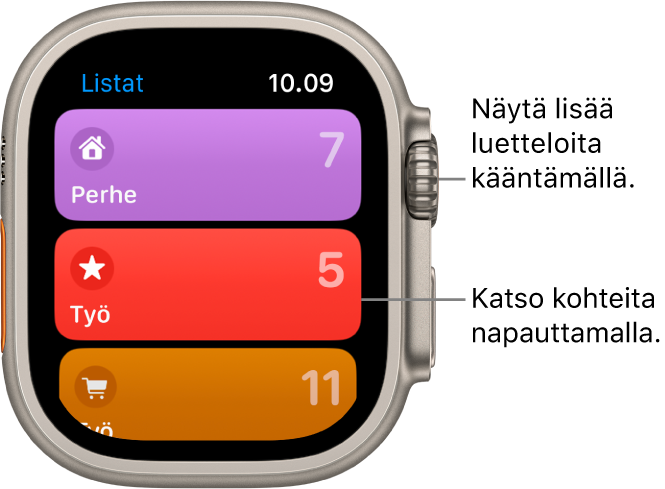 Muistutukset-apin Listat-näyttö, jossa näkyy kolme listapainiketta: Perhe, Työ ja Ruokaostokset. Numerot oikealla ilmaisevat muistutuksen määrän kussakin listassa. Tarkastele listan osia napauttamalla listaa tai käännä Digital Crownia, jotta näet lisää listoja.