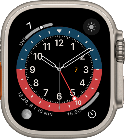 GMT-kellotaulu, jossa voit säätää kellotaulun väriä. Siinä näkyy neljä komplikaatiota: UV-indeksi on ylävasemmalla, Säätila on yläoikealla, Kuun vaihe alavasemmalla ja Ajastimet alaoikealla.