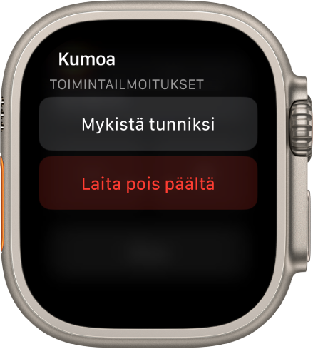 Ilmoitukset-asetukset Apple Watchissa Yläpainikkeessa lukee ”Mykistä tunniksi”. Alla on Laita pois päältä -painike.