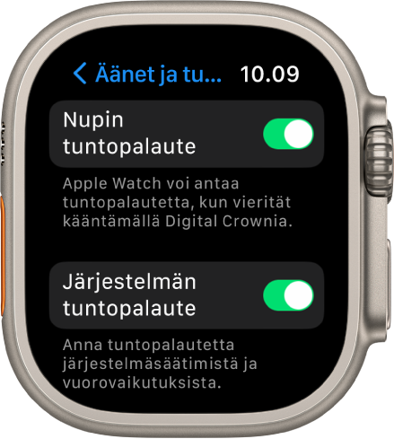 Nupin tuntopalaute -näyttö, jossa näkyy päälle laitettu Nupin tuntopalaute -kytkin. Alla näkyy Järjestelmän tuntopalaute -kytkin.