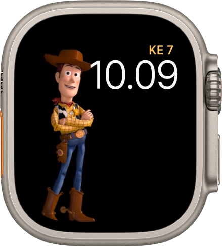 Toy Story -kellotaulussa näkyy päivä, päivämäärä ja aika yläoikealla ja animoitu Jessie näytön vasemmassa reunassa.