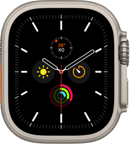 Meridiaani-kellotaulu, jossa voit säätää kellotaulun väriä ja numerotaulun yksityiskohtia. Siinä näkyy neljä komplikaatiota analogisen kellotaulun sisällä: Kompassin suunta ylhäällä, Ajastimet oikealla, Aktiivisuus alhaalla ja Säätila vasemmalla.