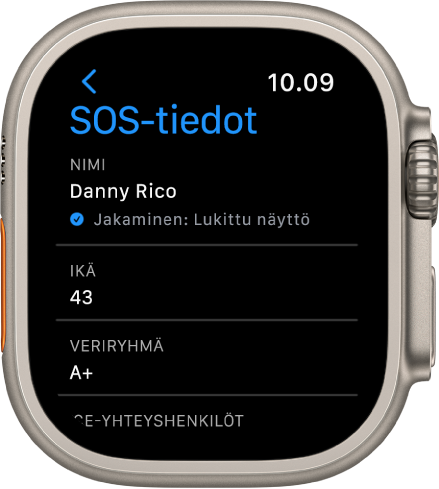Apple Watchin SOS-tiedot-näytöllä näkyy käyttäjän nimi, ikä ja verityyppi. Nimen alla on valintamerkki, jolla ilmoitetaan, että SOS-tiedot jaetaan lukitulla näytöllä. Valmis-painike on ylhäällä vasemmalla.