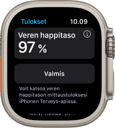 Veren happitason tulosnäyttö, jossa näkyy veren happisaturaatio 97 prosenttia. Valmis-painike on alareunassa.