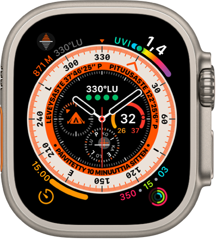 Suunnannäyttäjä-kellotaulussa näkyy Korkeusero-komplikaatio ylävasemmalla, UV-indeksi yläoikealla, Ajastimet alavasemmalla ja Aktiivisuus alaoikealla. Kompassirengas on kellotaulun ulkopuolella. Lähellä kellotaulun keskiosaa on neljä komplikaatiota: Kompassin suunta ylhäällä, Lämpötila oikealla, Kompassi alhaalla ja Kompassin reittipisteet vasemmalla.