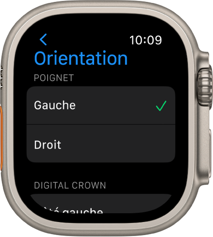 L’écran Orientation sur l’Apple Watch. Vous pouvez définir vos préférences relatives au poignet et à la Digital Crown.