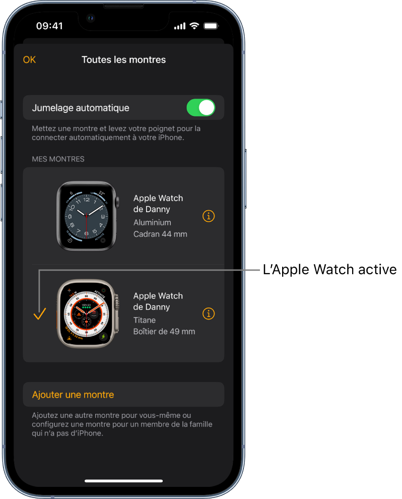 Sur l’écran Toutes les montres de l’app Watch, une coche montre l’Apple Watch active.