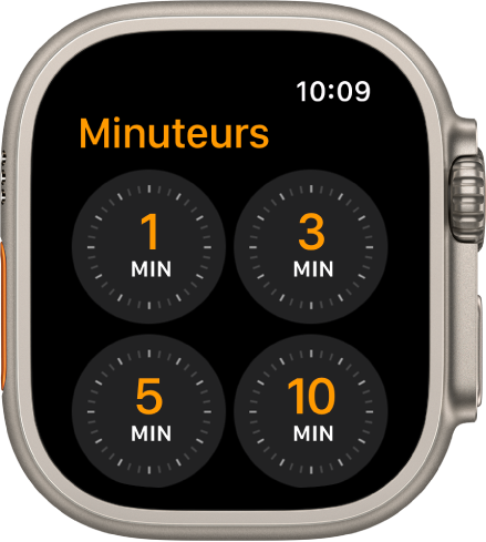 L’écran de l’app Minuteur qui affiche les durées prédéfinies : 1, 3, 5 et 10 minutes.