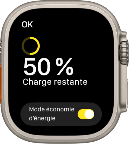 L’écran Mode économie d’énergie affiche un cercle partiel jaune qui indique la charge restante, les mots Charge restante : 50 pour cent et le bouton Mode économie d’énergie en bas.
