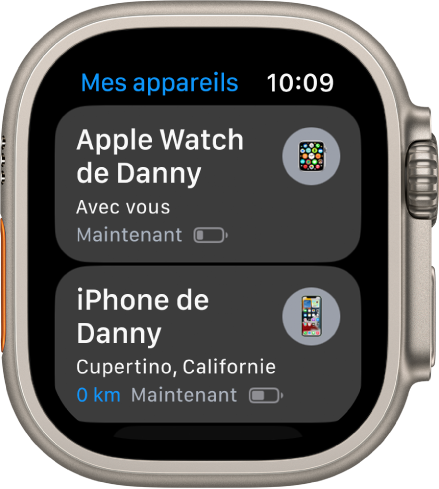 L’app Mes Appareils affichant deux appareils : une Apple Watch et un iPhone.