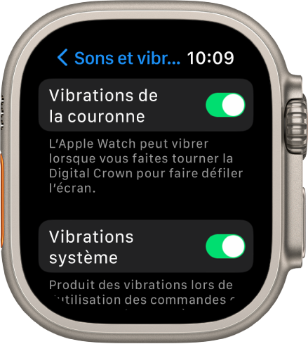 L’écran Vibrations de la couronne qui affiche le commutateur Vibrations de la couronne activé. Le bouton Vibrations système se trouve ci-dessous.