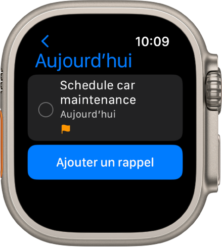 L’app Rappels montrant un rappel dans la liste Aujourd’hui. Le rappel se trouve près du haut de l’écran, et un bouton Ajouter un rappel se trouve en dessous.