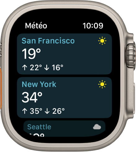 L’app Météo affiche les détails de la météo pour deux villes dans une liste.