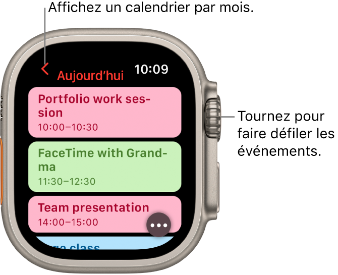 L’écran de Calendrier qui affiche une liste des événements du jour.