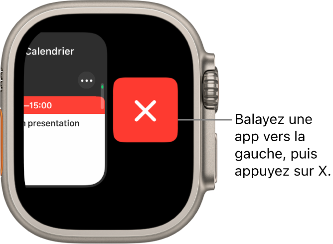 Le Dock après avoir balayé l’app vers la gauche, avec le bouton X à droite.