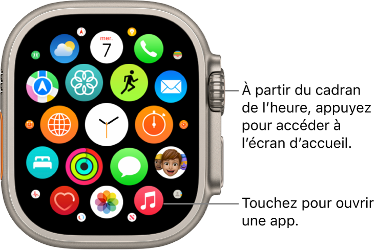 L’écran d’accueil de l’Apple Watch en présentation en grille, avec des apps en forme de grappe. Touchez une app pour l’ouvrir. Balayez l’écran pour afficher davantage d’apps.