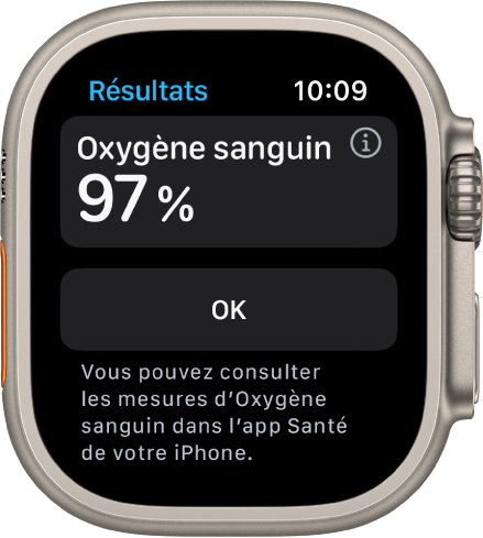 L’écran de résultats Oxygène sanguin qui affiche une saturation sanguine en oxygène de 97 %. Un bouton OK se trouve en dessous.