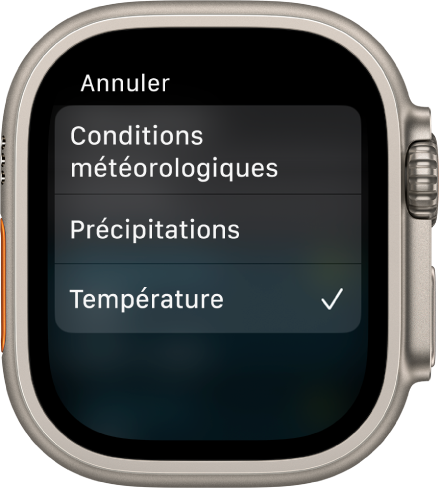 L’app Météo affiche trois choix dans une liste : Conditions météorologiques, Précipitations et Température.