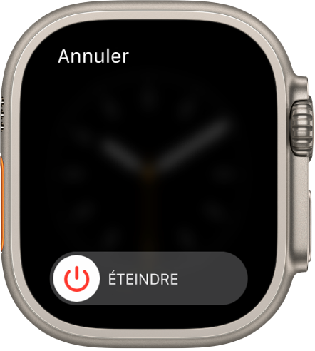 L’écran Apple Watch montrant le curseur Éteindre. Faites glisser le curseur pour éteindre l’Apple Watch.