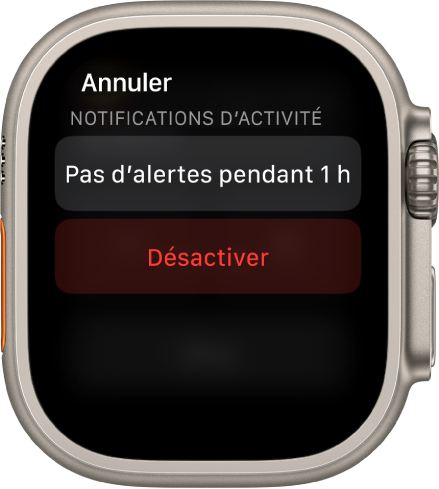 Réglages des notifications sur l’Apple Watch. Le bouton du haut indique « Pas d’alertes pendant 1 h ». Le bouton Éteindre se trouve en dessous.