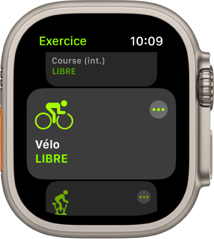 L’écran Exercice avec l’entraînement Vélo mis en évidence. Un bouton Plus se trouve en haut à droite de la mosaïque d’entraînement. Une partie de l’entraînement Course (int.) se trouve au-dessus. Une partie de l’entraînement Vélo (int.) se trouve ci-dessous.