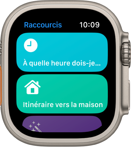 L’app Raccourcis sur l’Apple Watch affichant deux raccourcis : Quand dois-je partir et Itinéraire vers le domicile.