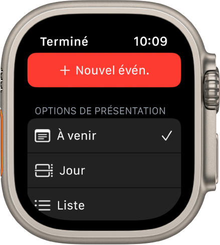 Écran de calendrier montrant un bouton Nouvel événement en haut et trois options de visualisation en dessous : À venir, Jour et Liste.
