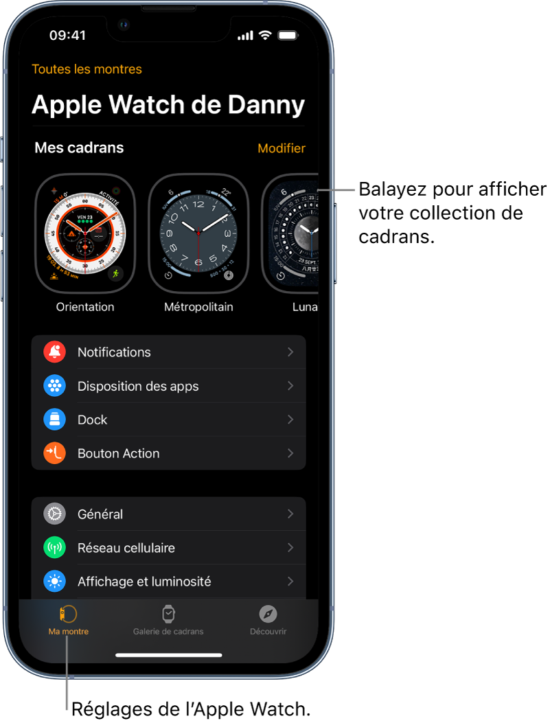L’app Watch de l’iPhone qui affiche l’écran Ma montre, avec les cadrans en haut et les réglages en bas. L’app Watch comporte trois onglets dans la partie inférieure de son interface : à gauche, Ma montre vous permet d’accéder aux réglages de l’Apple Watch; ensuite, la galerie de cadrans vous permet de parcourir les cadrans et complications disponibles; puis, Découvrir vous permet d’en apprendre plus sur l’Apple Watch.