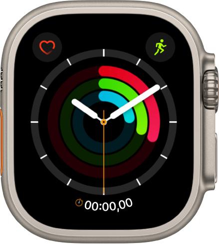 Le cadran Activité analogique qui affiche l’heure ainsi que la progression des objectifs « Bouger », « M’entraîner » et « Me lever ». Il comprend également trois complications : Rythme cardiaque en haut à gauche, Exercice en haut à droite et Chronomètre en bas.
