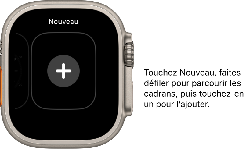 Nouveau modèle de cadran, avec un bouton + en son centre. Touchez pour ajouter un nouveau cadran de montre.