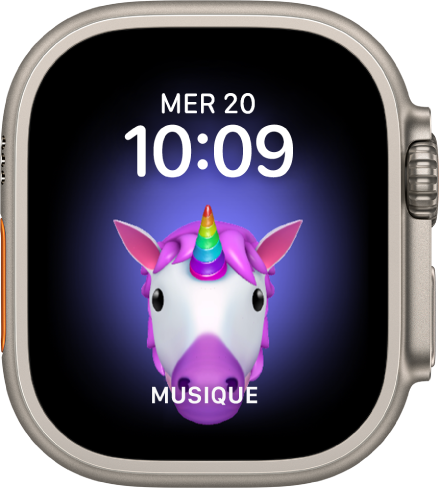 Le cadran Memoji, sur lequel vous pouvez régler le personnage Memoji et une complication dans le bas. Touchez l’écran pour animer le Memoji. La date et l’heure se situent en haut et la complication Musique en bas.