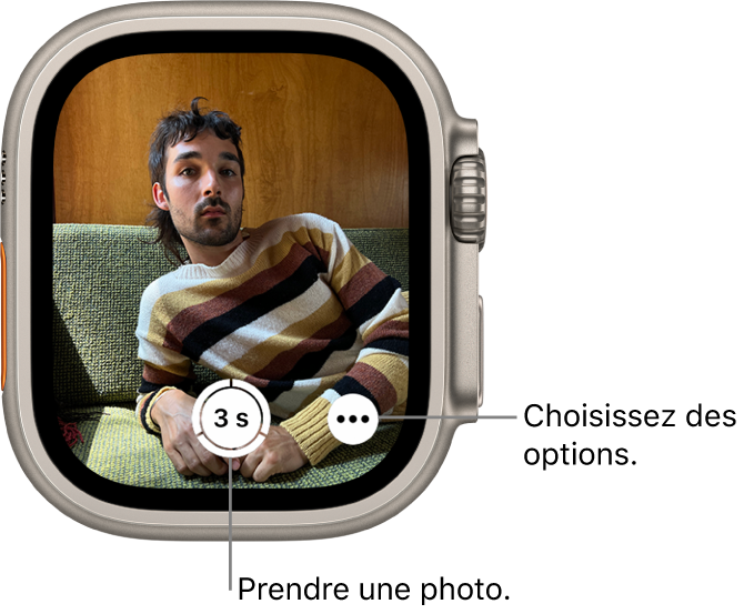 Lorsque vous l’utilisez comme télécommande d’appareil photo, l’Apple Watch affiche le viseur de l’appareil photo de l’iPhone. Le bouton « Prendre une photo » se trouve en bas au centre avec le bouton « Plus d’options » à droite. Si vous avez pris une photo, la visionneuse de photos se trouve en bas à gauche de l’écran.