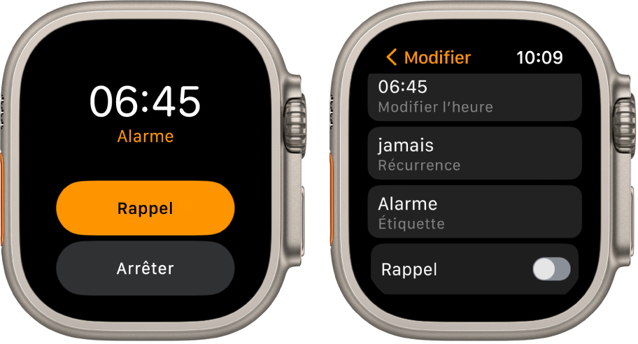 Deux écrans d’Apple Watch : l’un affiche un cadran de montre avec les boutons Rappel et Arrêter, l’autre affiche les réglages de l’alarme, avec les boutons Modifier l’heure, Récurrence et Étiquette en dessous. Un bouton Rappel se trouve dans le bas. Le bouton Rappel est désactivé.