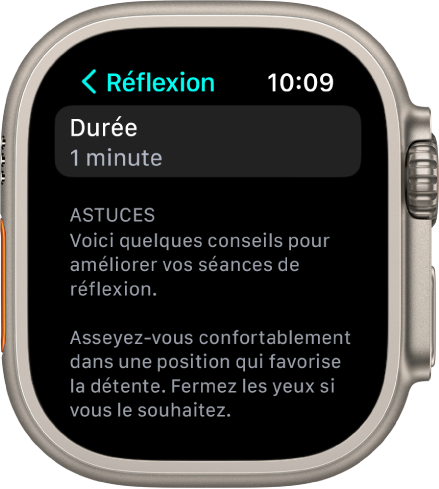 L’écran de l’app Pleine conscience affichant une durée d’une minute. Des conseils s’affichent en dessous pour alimenter la session de réflexion.
