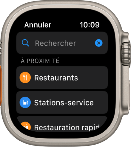L’écran de recherche de l’app Plans qui montre le champ Rechercher près du haut. Sous À proximité se trouvent les boutons pour les restaurants, les stations essences et la restauration rapide.