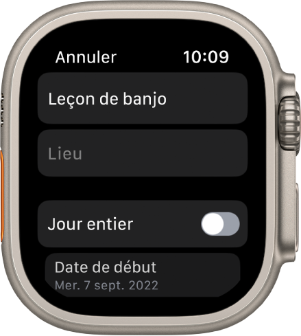 Écran de calendrier montrant un nouvel événement. Le nom de l’événement est en haut et un champ Localisation se trouve en dessous. Un bouton Jour entier se trouve près du bas. Un bouton Date de début se trouve en bas.