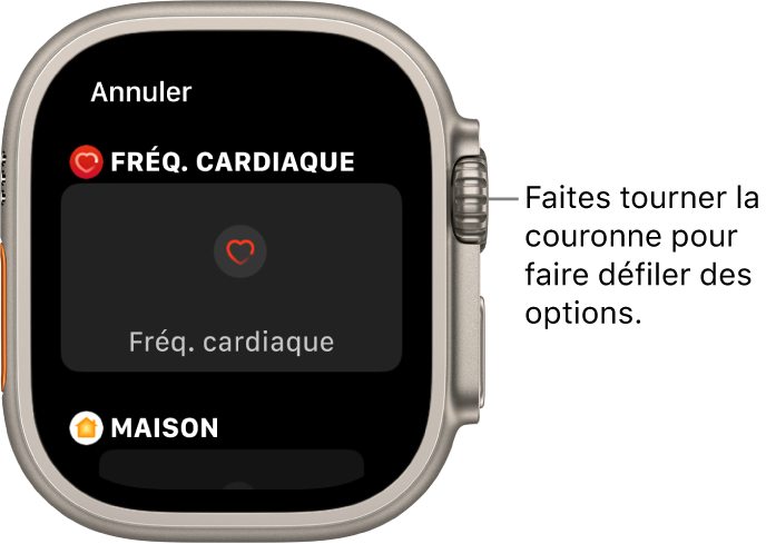 L’écran de personnalisation pour un cadran avec la complication « Fréquence cardiaque » mise en évidence. Faites tourner la Digital Crown pour voir des complications.