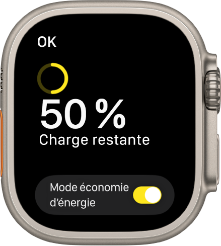 L’écran « Mode économie d’énergie » avec un anneau jaune en partie rempli indiquant la charge restante, les mots « Charge restante : 50 % » et le bouton « Mode économie d’énergie » en bas.