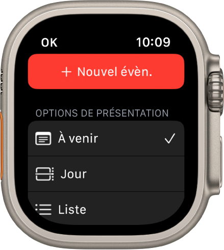 L’écran Calendrier affichant un bouton « Nouvel évènement » en haut et trois options de présentation : À suivre, Jour et Liste.