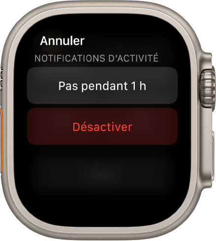 Réglages de notification sur l’Apple Watch. En haut se trouve le bouton « Pas pendant 1 h ». Le bouton Désactiver est affiché en dessous.