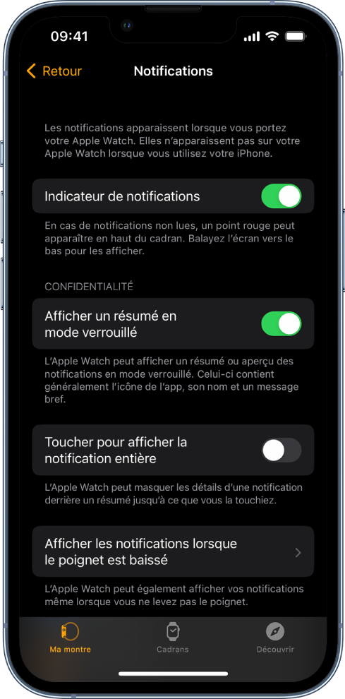 L’écran Notifications de l’app Apple Watch sur l’iPhone montrant des sources de notifications.