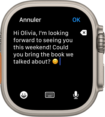 L’app Mail affichant un écran permettant de rédiger un e-mail. Le corps du texte se trouve en haut de l’écran, avec un bouton Supprimer sur la droite. Les boutons Emoji, Clavier et Dictée figurent en bas. Un bouton OK se trouve en haut à droite.