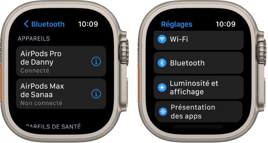 Deux écrans côte à côte. Sur la gauche se trouve un écran qui indique deux appareils Bluetooth disponibles : des AirPods Pro, qui sont connectés, et des AirPods Max, qui ne sont pas connectés. Sur la droite se trouve un écran Réglages, affichant les boutons Wi-Fi, Bluetooth, « Luminosité et affichage » et « Présentation des apps » dans une liste.