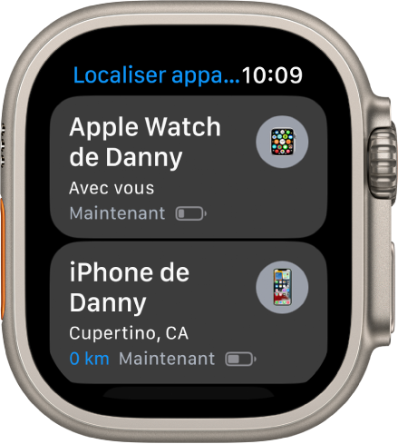 L’app Localiser appareils affichant deux appareils : une Apple Watch et un iPhone.